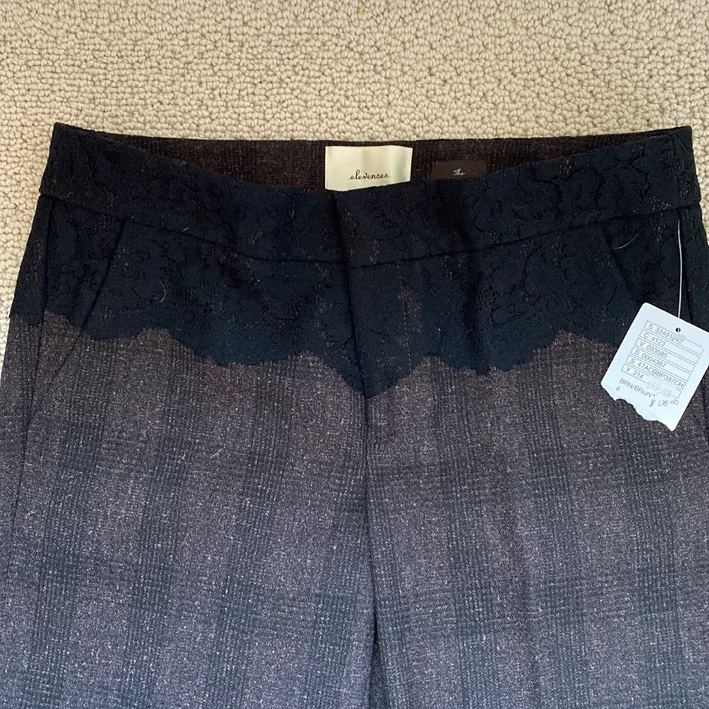 Anthropologie plaid slacks with beautiful black lace detail around waste.